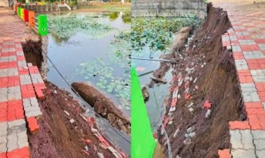 97 लाख से हो रहा था तालाब का सौंदर्यीकरण, आधे घंटे की बारिश नहीं झेल सकी दीवार